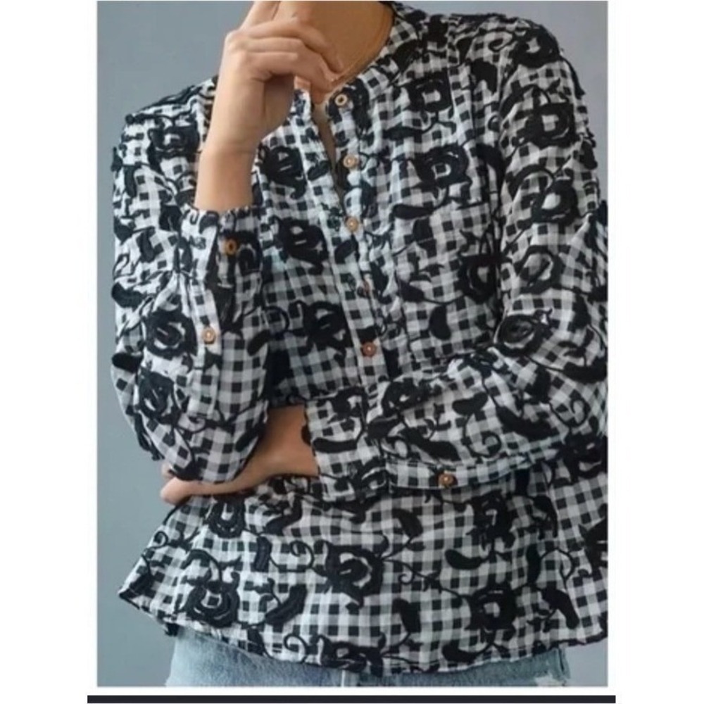 Pilcro Anthropologie Gingham Embroidered Floral Blouse Black White Small